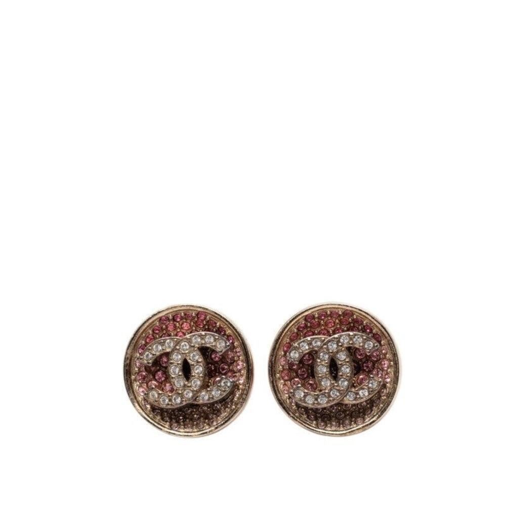 Chanel CC Logo Plated Rhinestone Pierced Earrings Gold